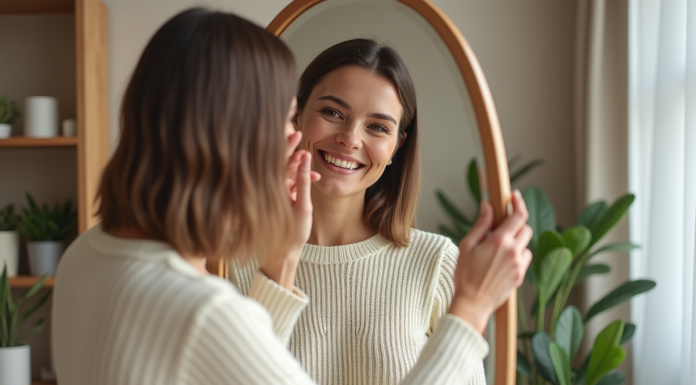Femme d'âge moyen souriante se coiffant dans un salon moderne