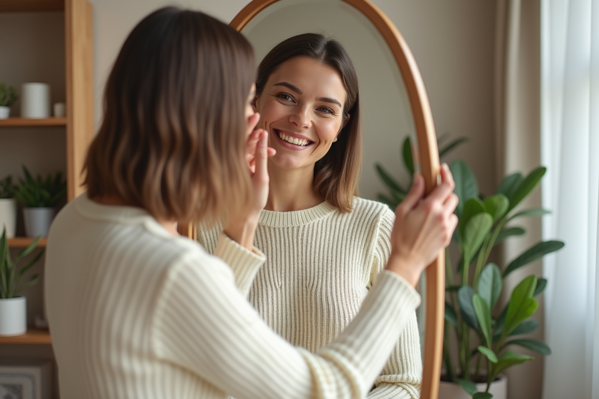 Femme d'âge moyen souriante se coiffant dans un salon moderne