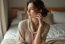 Femme en pyjama élégants et foulard en soie sur un lit