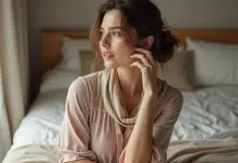 Femme en pyjama élégants et foulard en soie sur un lit