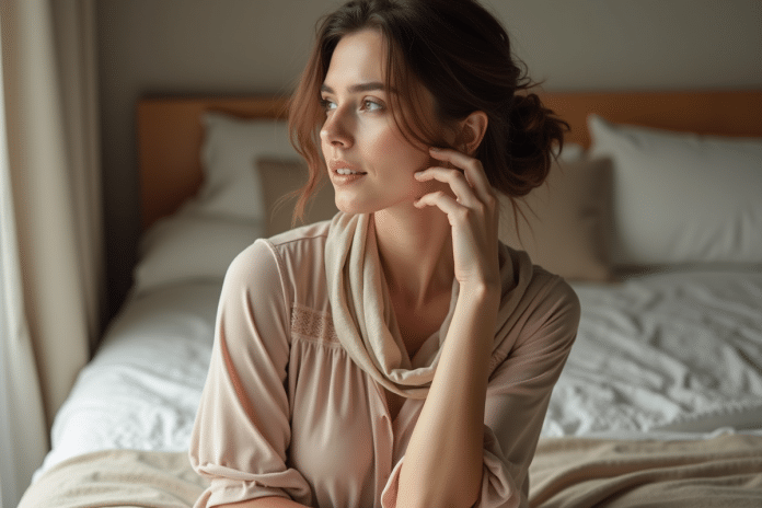 Femme en pyjama élégants et foulard en soie sur un lit