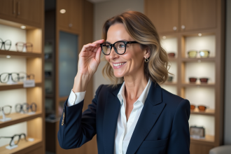 Femme élégante essayant des lunettes antiage modernes
