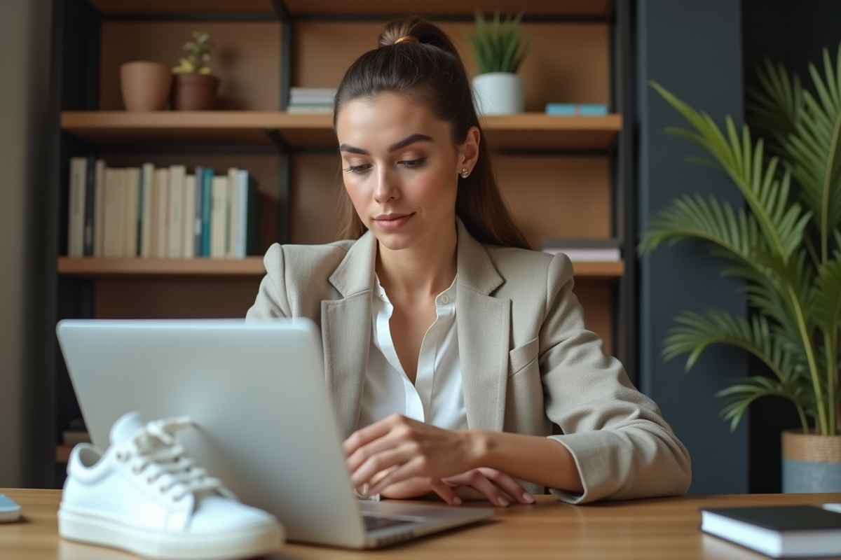 Femme élégante vérifiant une paire de chaussures dans un bureau moderne