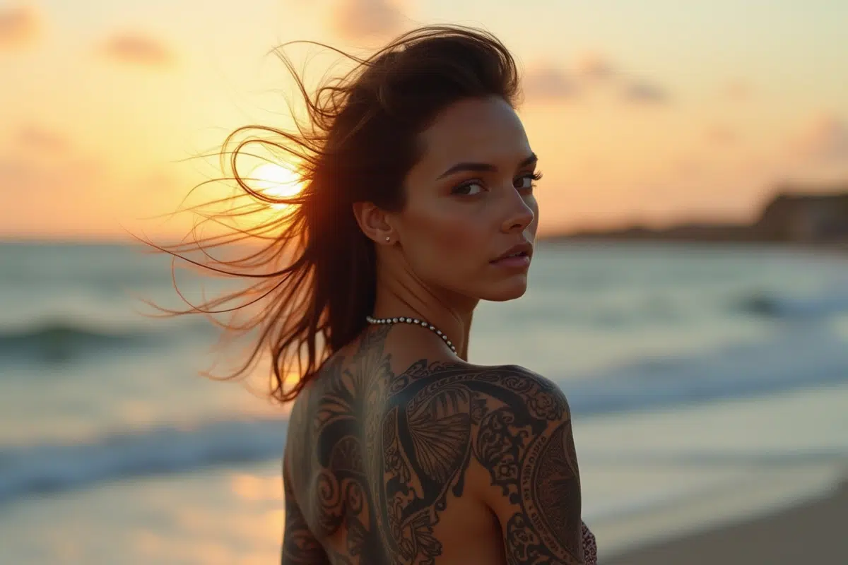 Femme avec tatouages Maori posant au bord de l