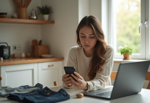Jeune femme utilisant son smartphone avec Vinted sur la table