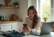 Jeune femme utilisant son smartphone avec Vinted sur la table