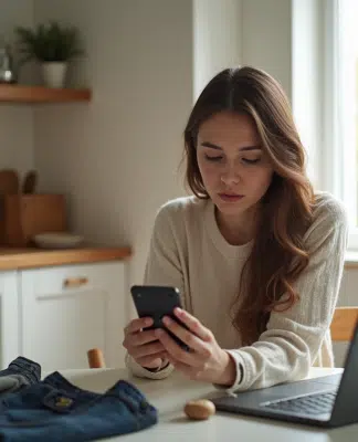Jeune femme utilisant son smartphone avec Vinted sur la table
