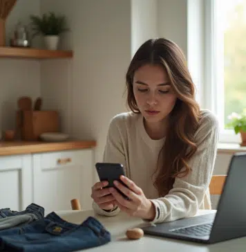 Jeune femme utilisant son smartphone avec Vinted sur la table