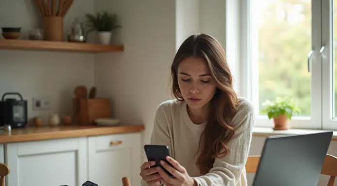 Jeune femme utilisant son smartphone avec Vinted sur la table