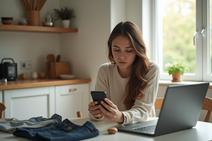 Jeune femme utilisant son smartphone avec Vinted sur la table