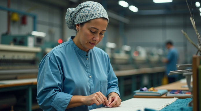 Meilleure industrie textile : Quel pays la possède? Femme textile examine filaments dans usine textile