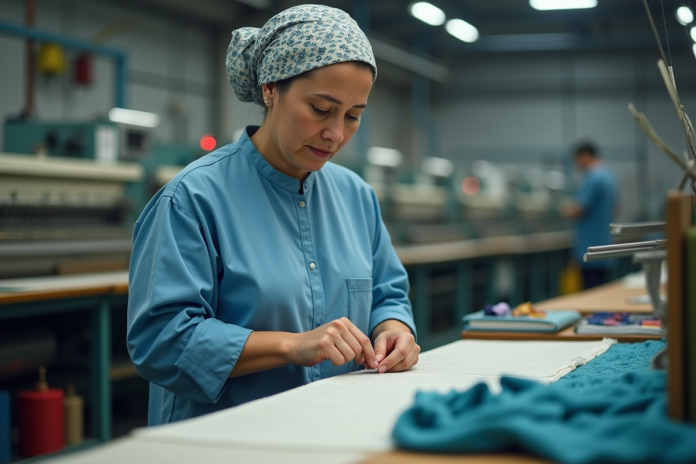 Femme textile examine filaments dans usine textile