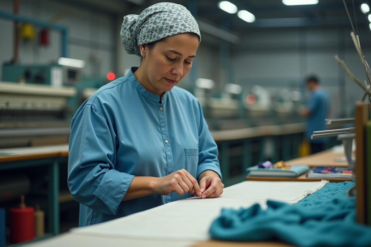 Femme textile examine filaments dans usine textile