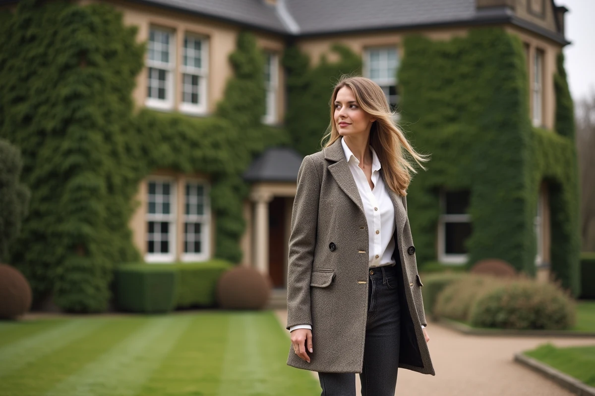 Femme en tweed marchant devant une maison ancienne et jardin