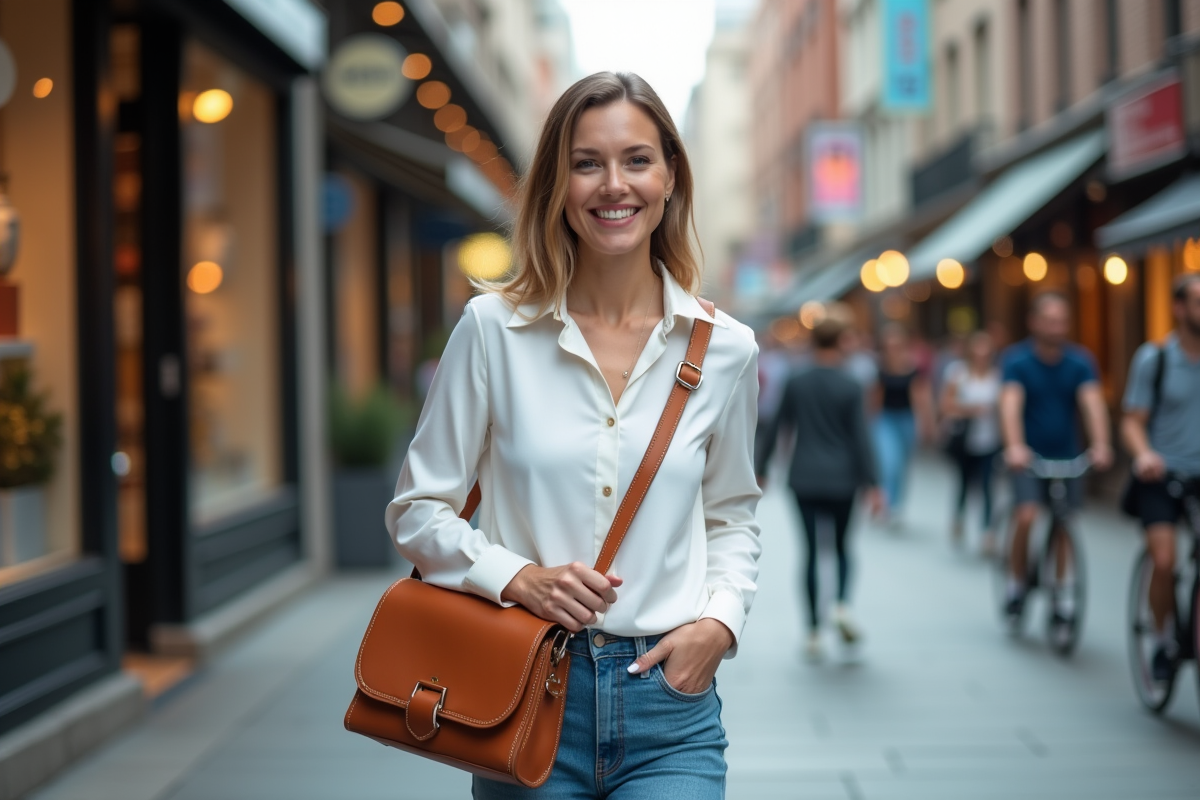Femme urbaine avec blouse blanche et sac en cuir