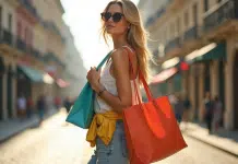 Femme urbaine avec sacs tote colorés en ville