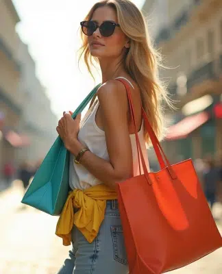 Femme urbaine avec sacs tote colorés en ville