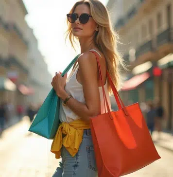 Femme urbaine avec sacs tote colorés en ville