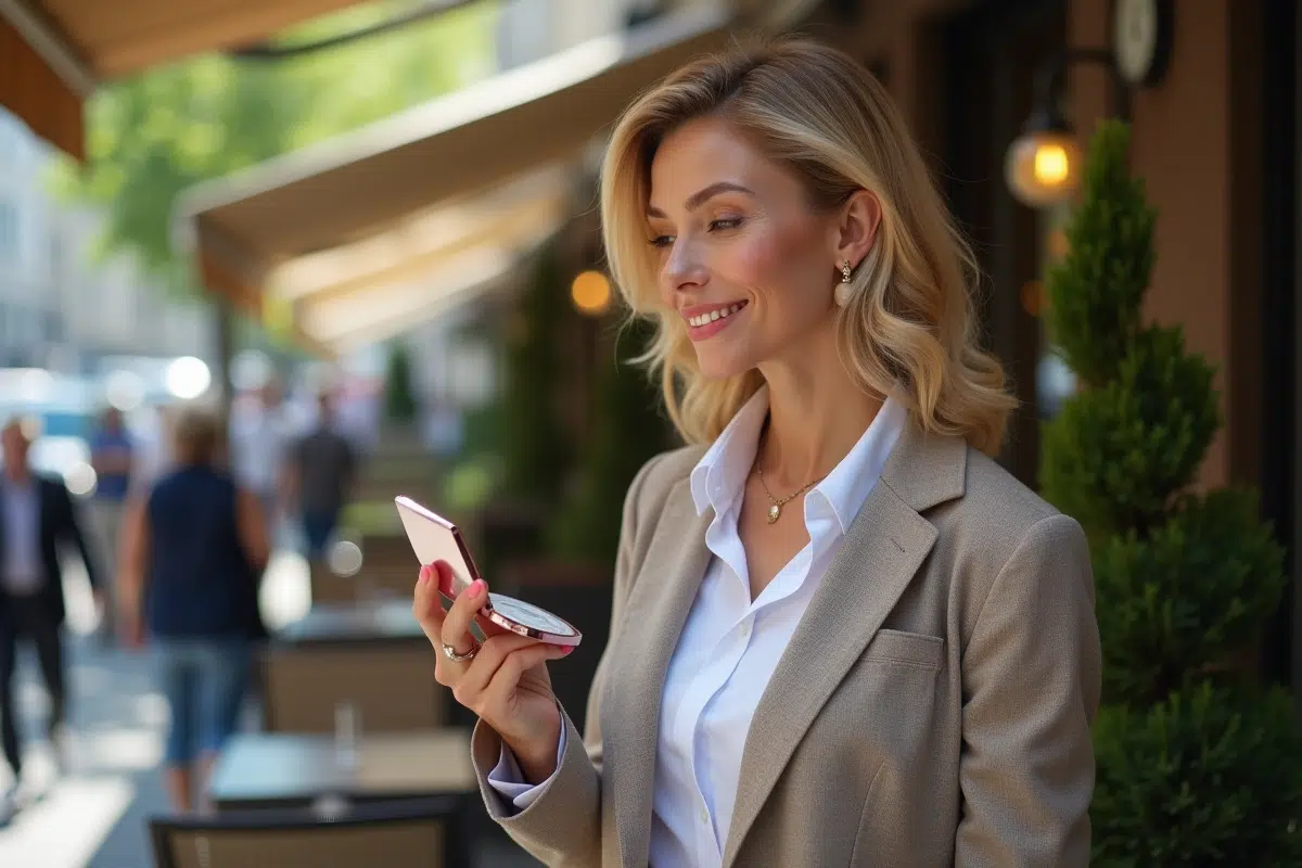 Femme élégante regardant son rouge à lèvres en terrasse urbaine
