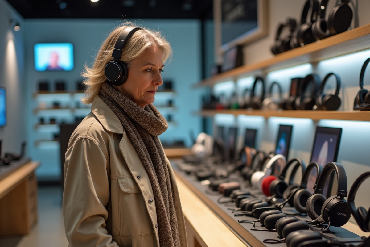 Femme examinant des casques audio dans un magasin d’électronique haut de gamme