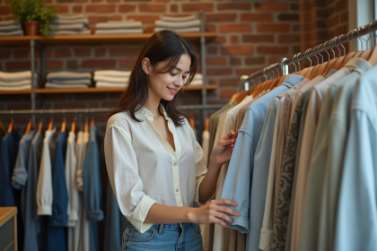 Jeune femme examine une étiquette dans une boutique écologique