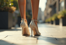 Femme élégante marchant en ville avec chaussures à talons