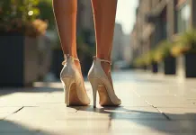 Femme élégante marchant en ville avec chaussures à talons