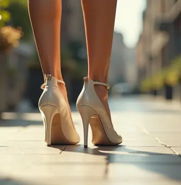 Femme élégante marchant en ville avec chaussures à talons