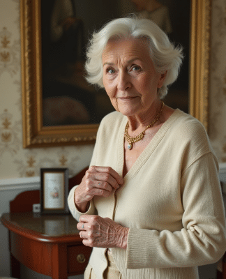 Femme âgée élégante portant un collier vintage en or et saphir