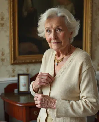 Femme âgée élégante portant un collier vintage en or et saphir