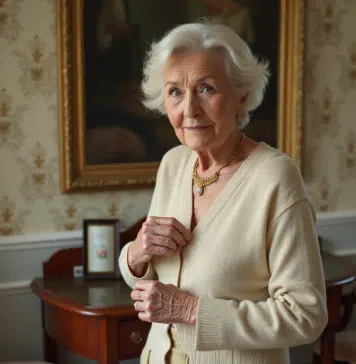 Femme âgée élégante portant un collier vintage en or et saphir
