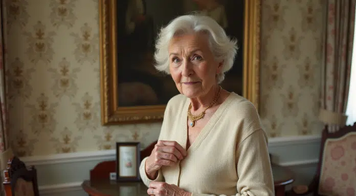Femme âgée élégante portant un collier vintage en or et saphir