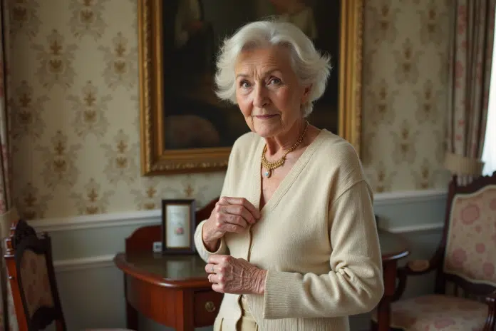 Femme âgée élégante portant un collier vintage en or et saphir