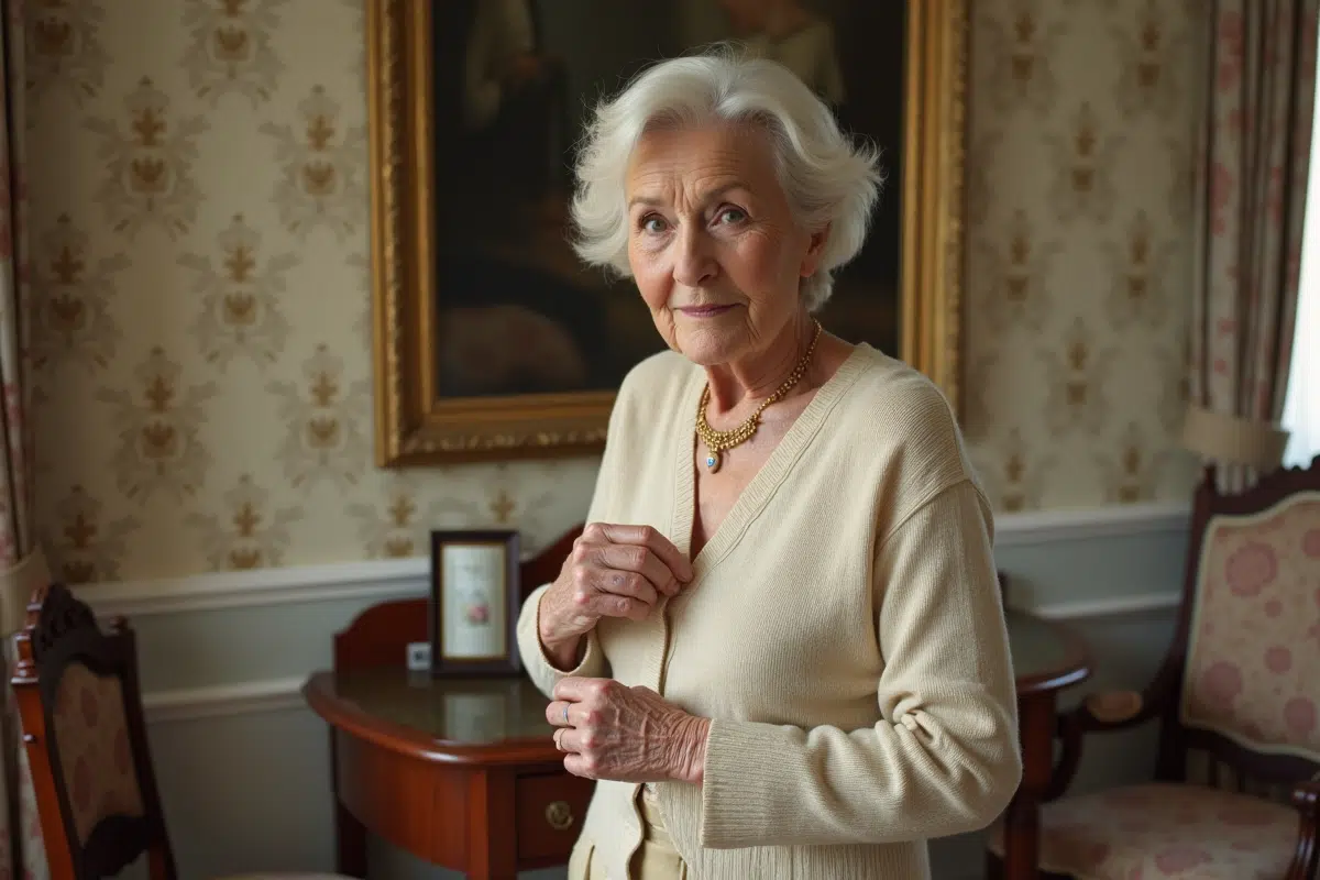 Femme âgée élégante portant un collier vintage en or et saphir