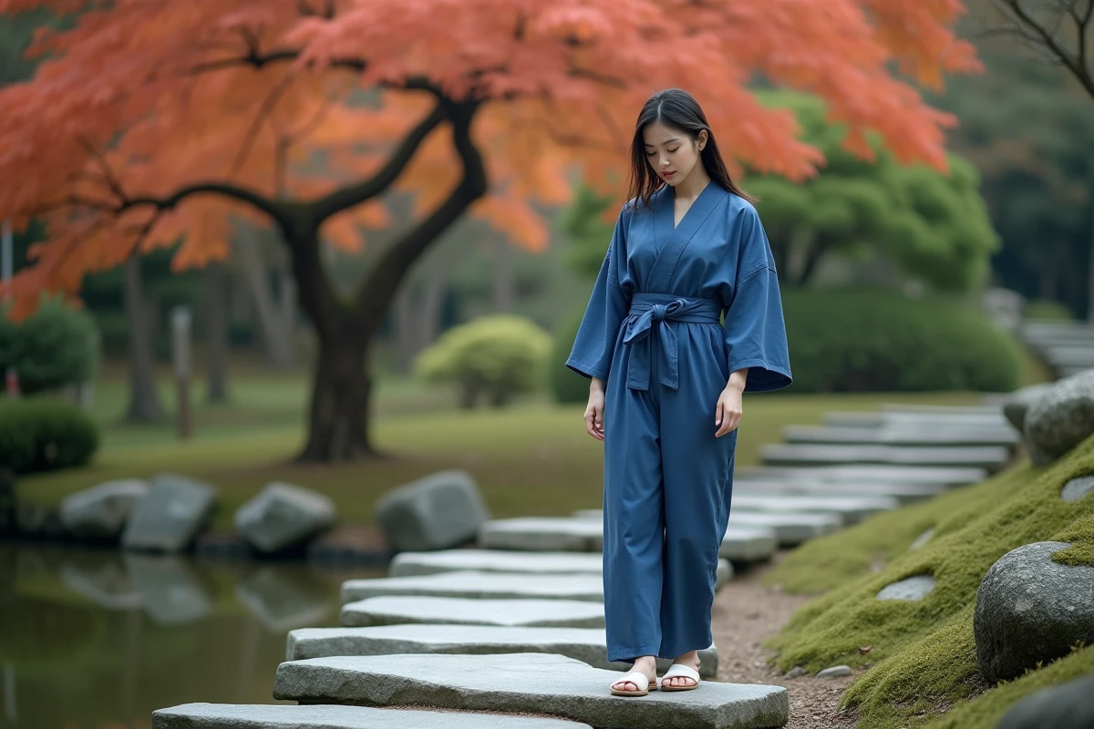 Jeune femme japonaise en yukata portant des sandales zori traditionnelles dans un jardin japonais en pierre