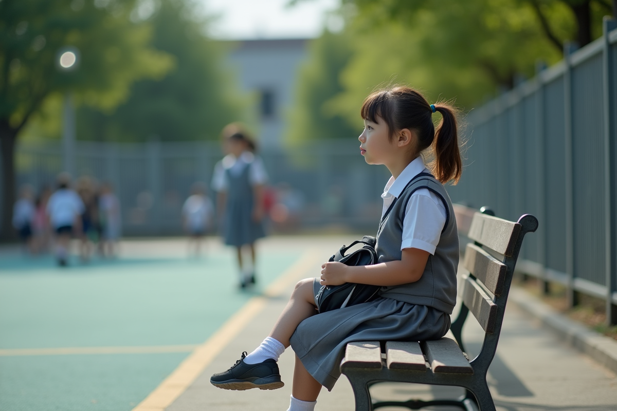 Jeune fille assise pensivement sur un banc extérieur