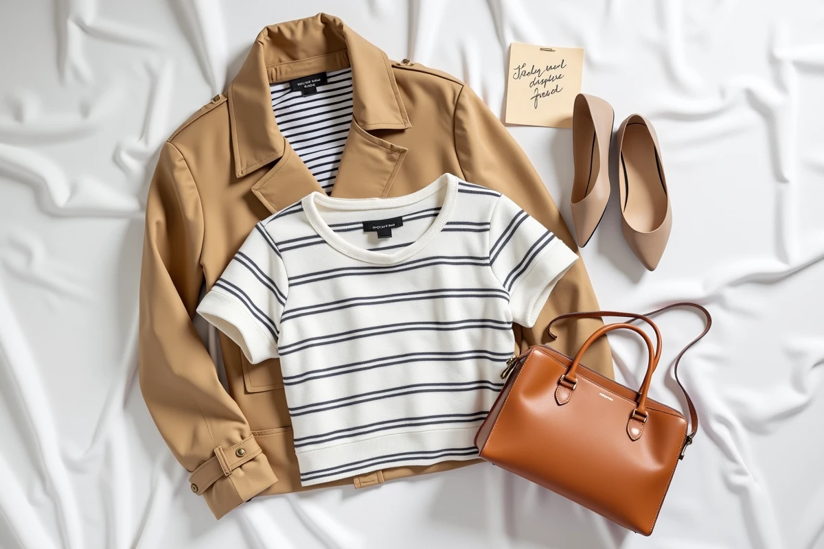 Flat lay de vêtements et accessoires de style parisien classique sur fond blanc texturé, alternative abordable aux grandes marques
