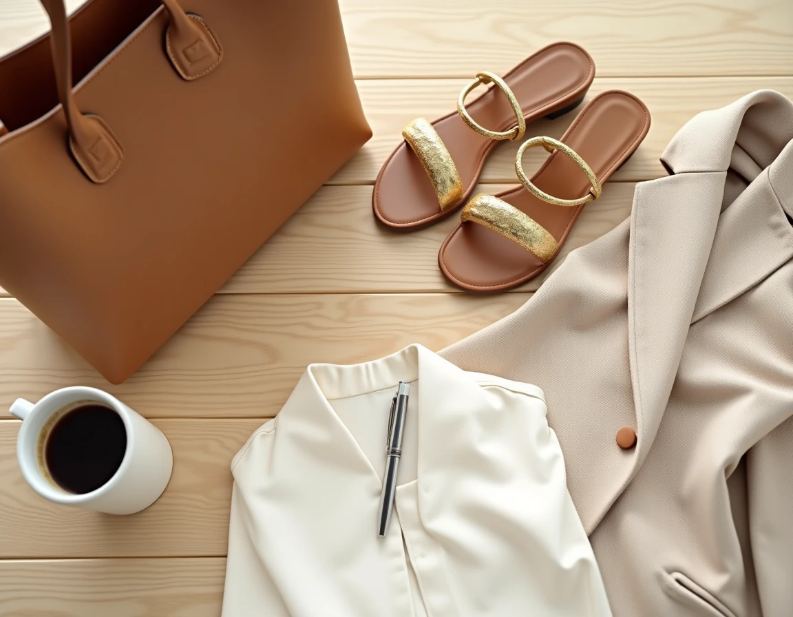 Flatlay bureau avec sandales dorées petit talon, blazer beige et sac en cuir camel pour une tenue de travail