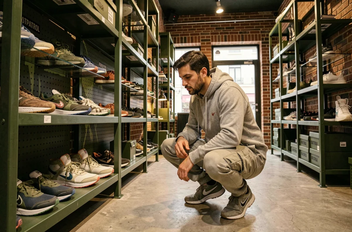 Intérieur de Footpatrol Paris avec ses murs en brique et ses sneakers en édition limitée sur des étagères métalliques