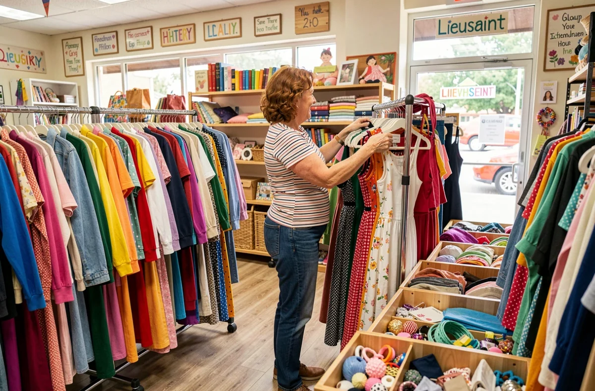 La Frip' de Lieusaint avec ses portants colorés et une cliente qui fouille les vêtements de seconde main