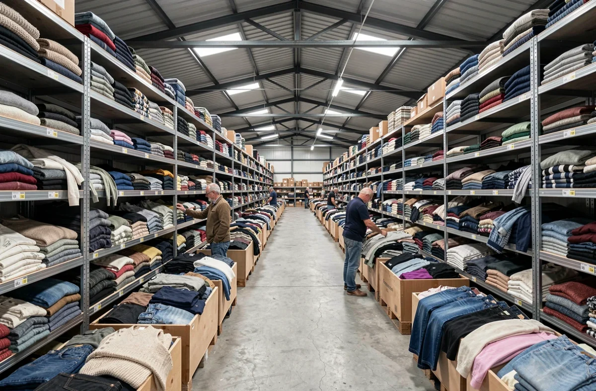 La Friperie Factory, vaste entrepôt de vêtements de seconde main avec des rayons industriels en Essonne