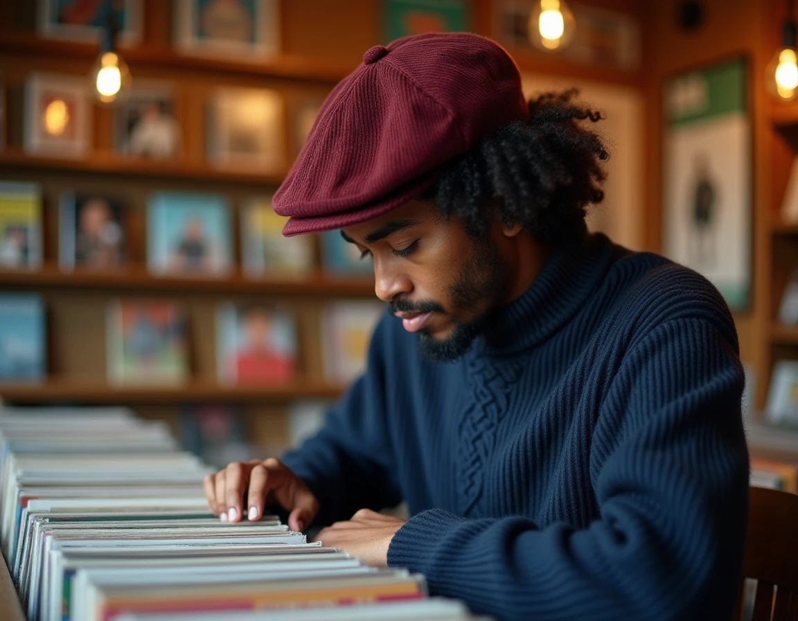 Homme aux cheveux bouclés définis portant une casquette gavroche corduroy bordeaux légèrement en arrière dans un magasin de disques