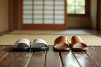 Geta japonaises en bois laqué et sandales modernes en cuir côte à côte dans un couloir d'entrée japonais traditionnel