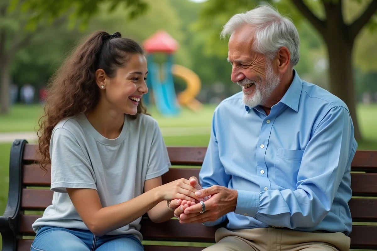 Grand-pere offre un bracelet photo a sa petite fille dans un parc