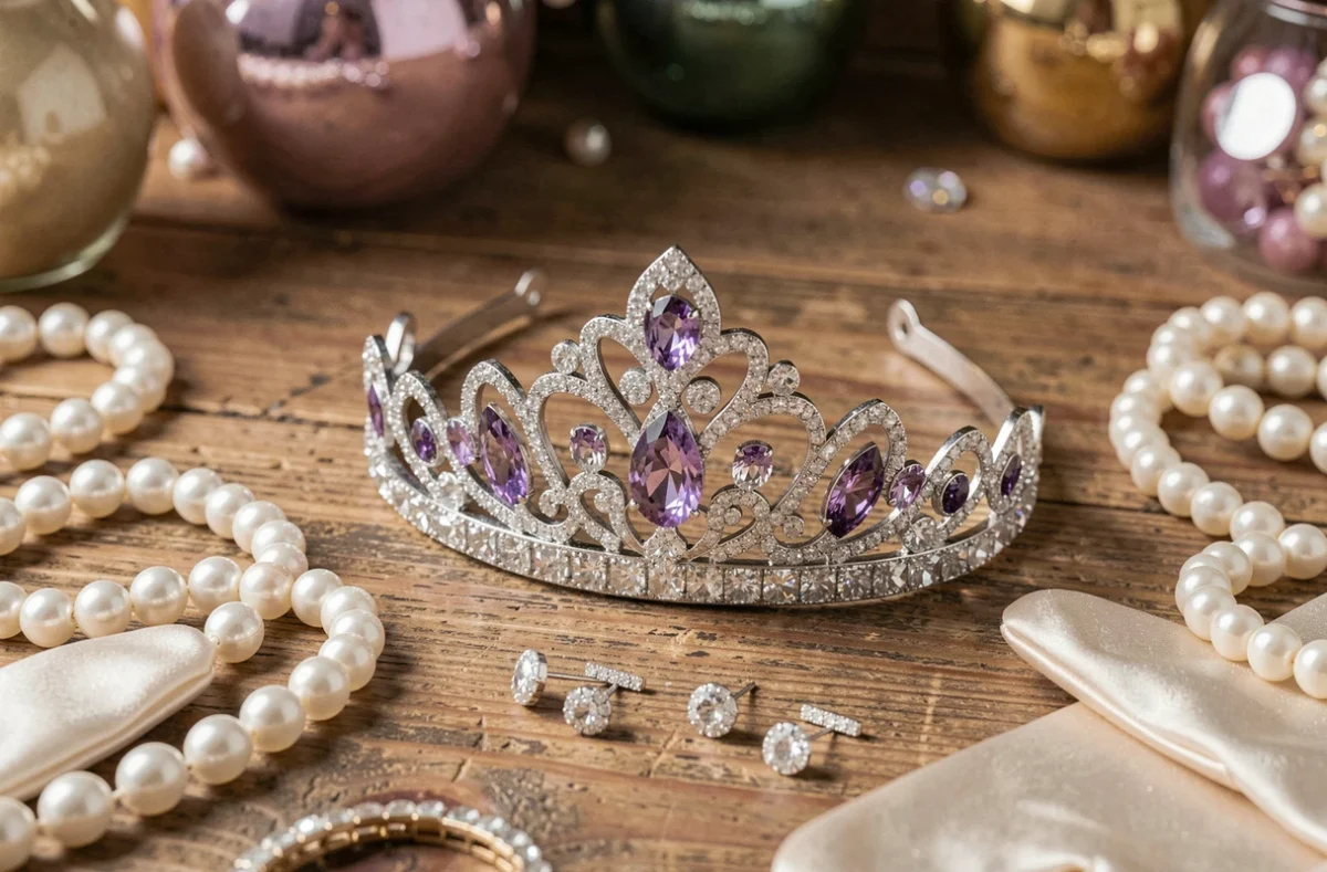 Gros plan d'une couronne de princesse scintillante posée sur une coiffeuse en bois entourée d'accessoires de déguisement