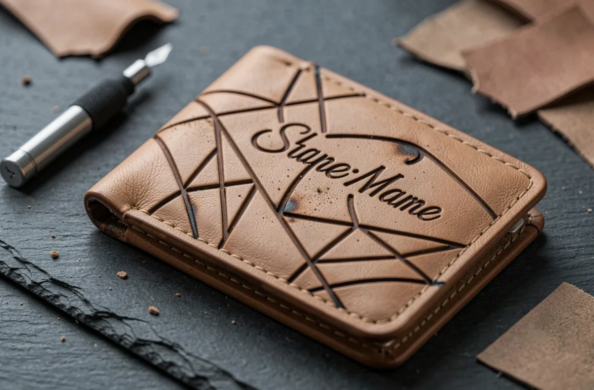 Gros plan sur une gravure laser personnalisée sur un portefeuille en cuir beige avec outils d'artisan
