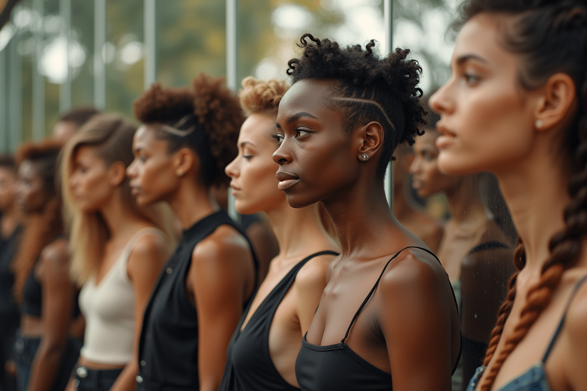 Groupe de personnes avec styles de coiffure variés devant un miroir