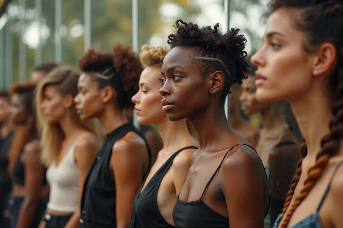 Groupe de personnes avec styles de coiffure variés devant un miroir