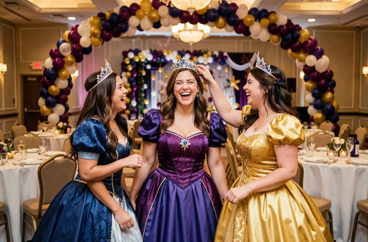 Groupe de femmes en costumes de princesse avec couronnes scintillantes riant ensemble lors d'une soirée déguisée festive