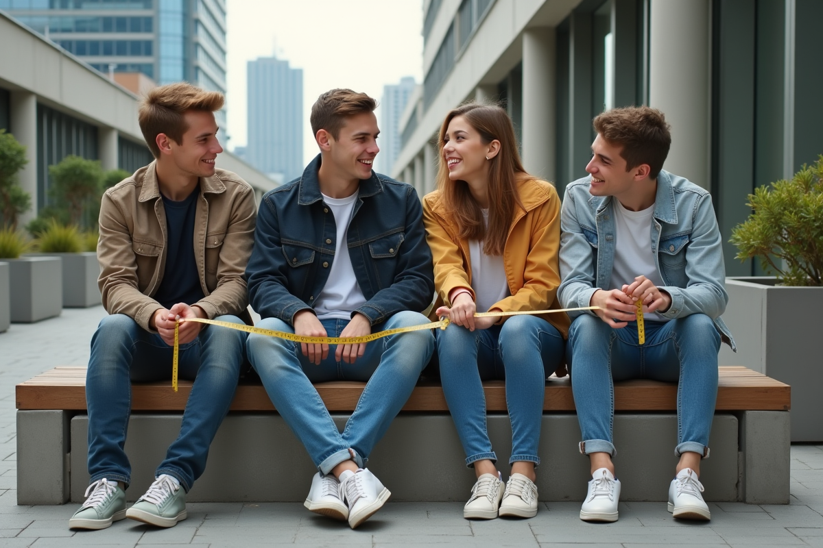 Groupe de jeunes models assis sur un banc en ville